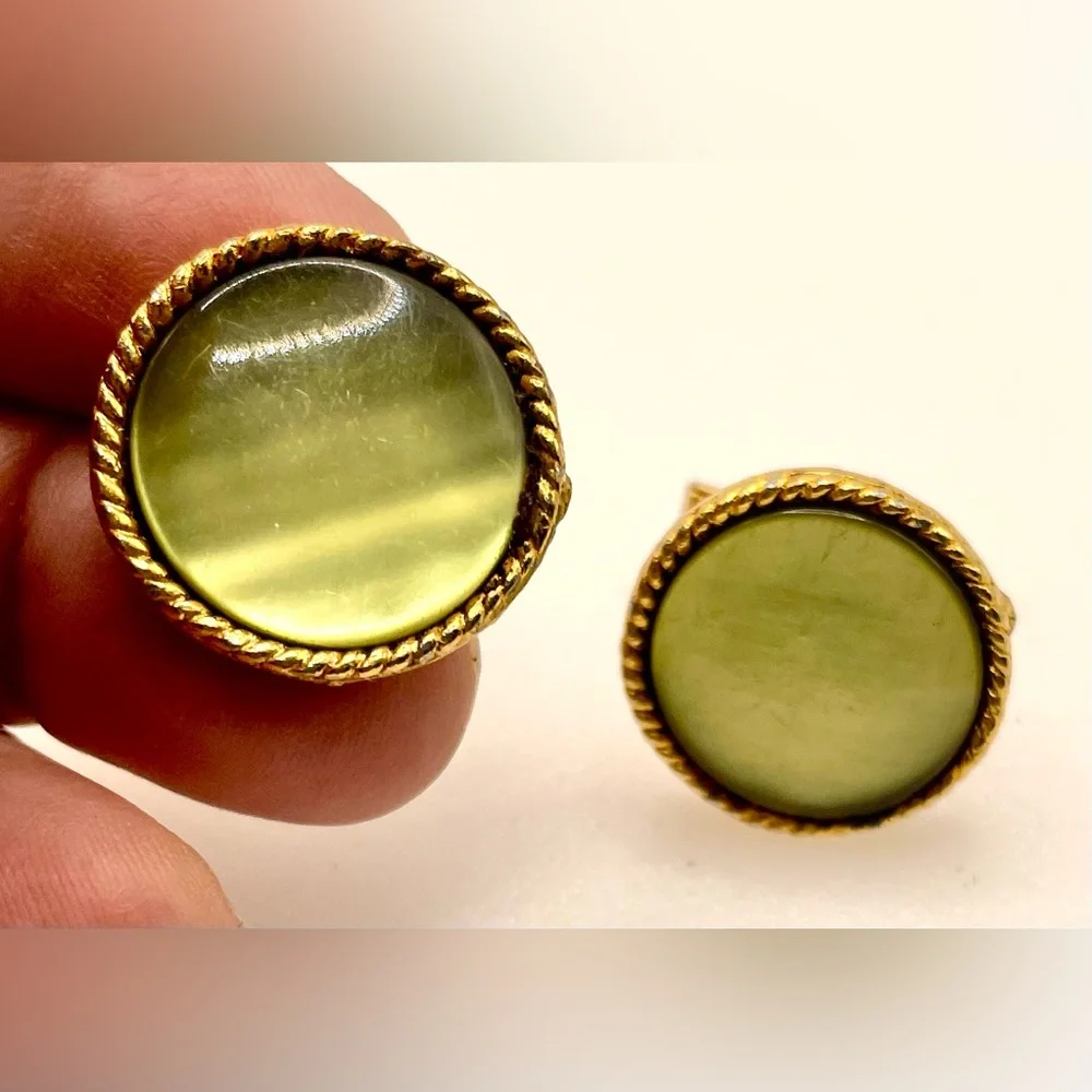 Vintage MCM Gold Tone Round Cufflinks Olive Green Moonglow Lucite